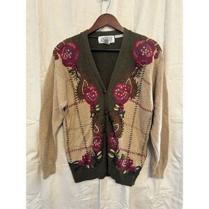 Jantzen Sweater Women's Vintage Cardigan Hand Embroidered Beige Green Large